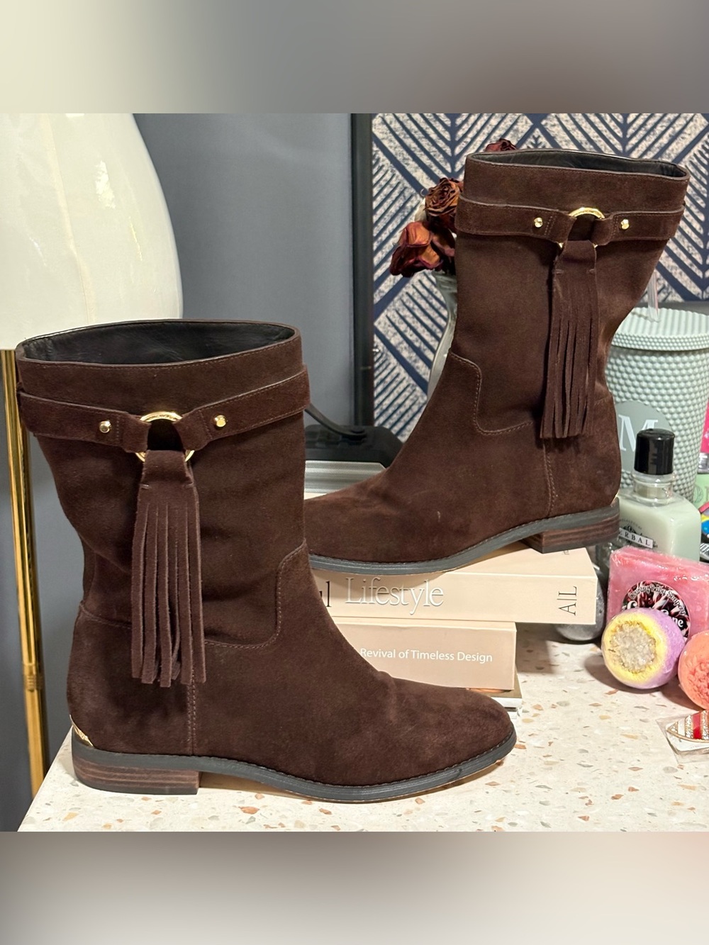 MICHAEL Michael Kors Rhea Fringe Suede Mid-Calf Boots Brown 7.5M
